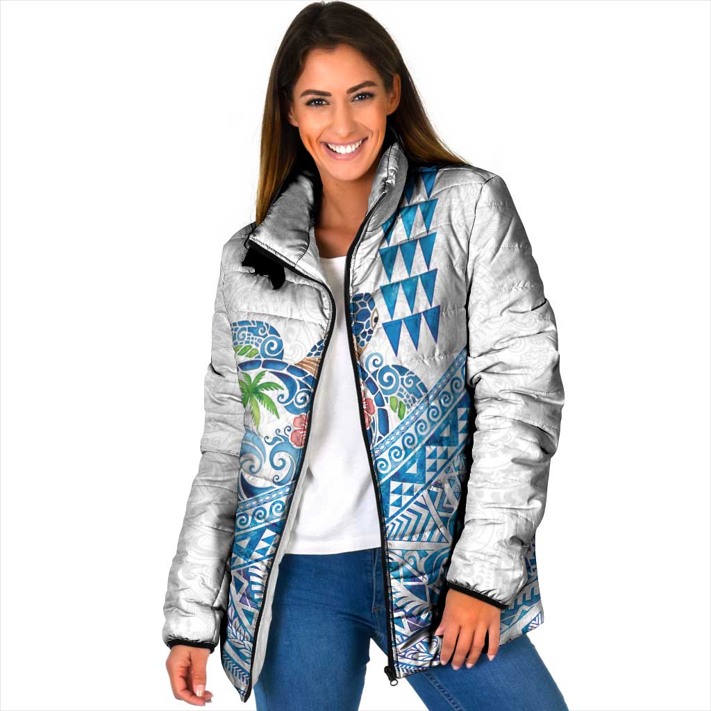 Hawaiian Abstract Sea Turtle Padded Jacket Polynesian Tapa Art and Kakau Tattoo White WaterColor - Polynesian Pride