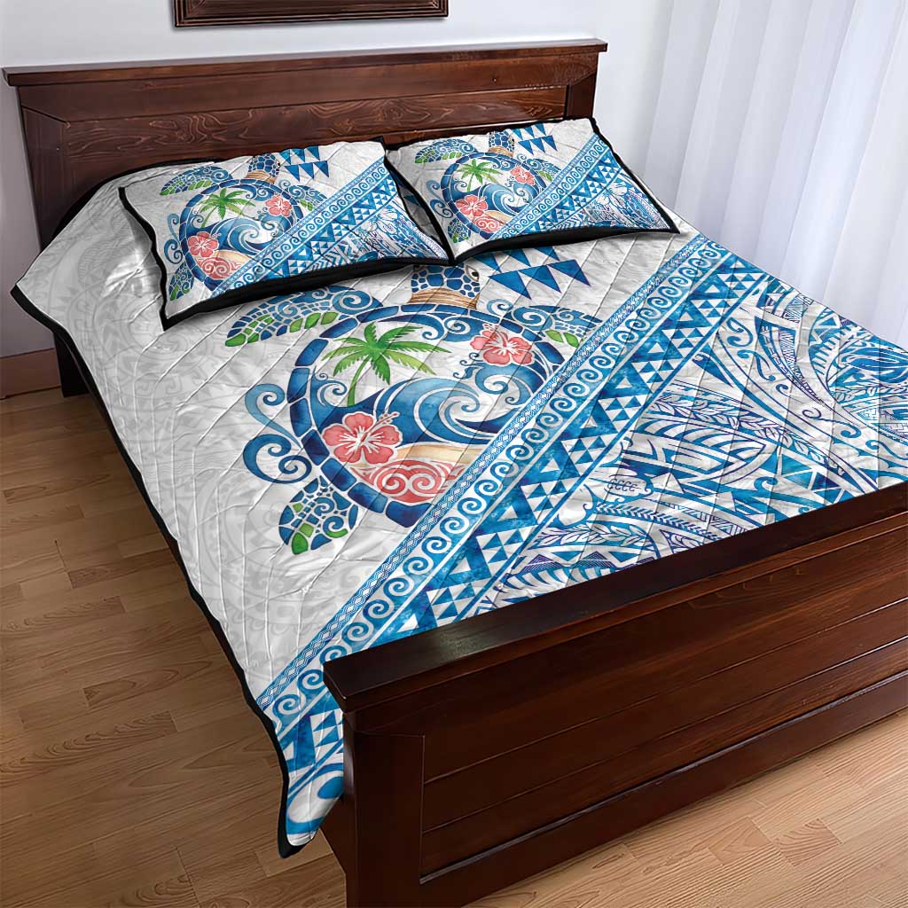 Hawaiian Abstract Sea Turtle Quilt Bed Set Polynesian Tapa Art and Kakau Tattoo White WaterColor - Polynesian Pride