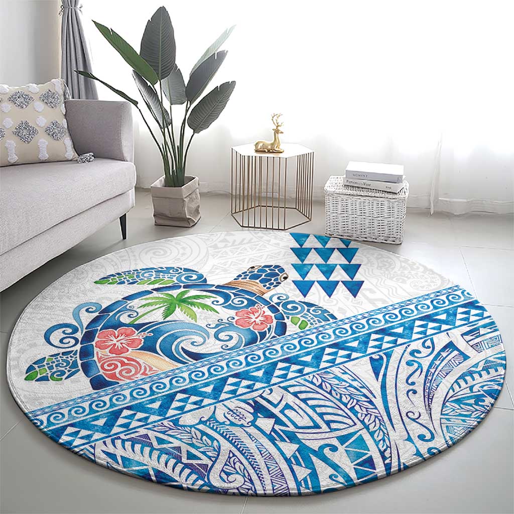 Hawaiian Abstract Sea Turtle Round Carpet Polynesian Tapa Art and Kakau Tattoo White WaterColor - Polynesian Pride