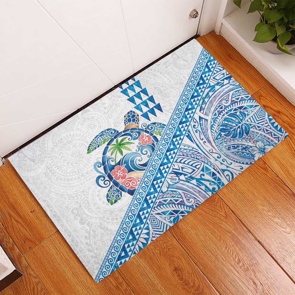 Hawaiian Abstract Sea Turtle Rubber Doormat Polynesian Tapa Art and Kakau Tattoo White WaterColor - Polynesian Pride