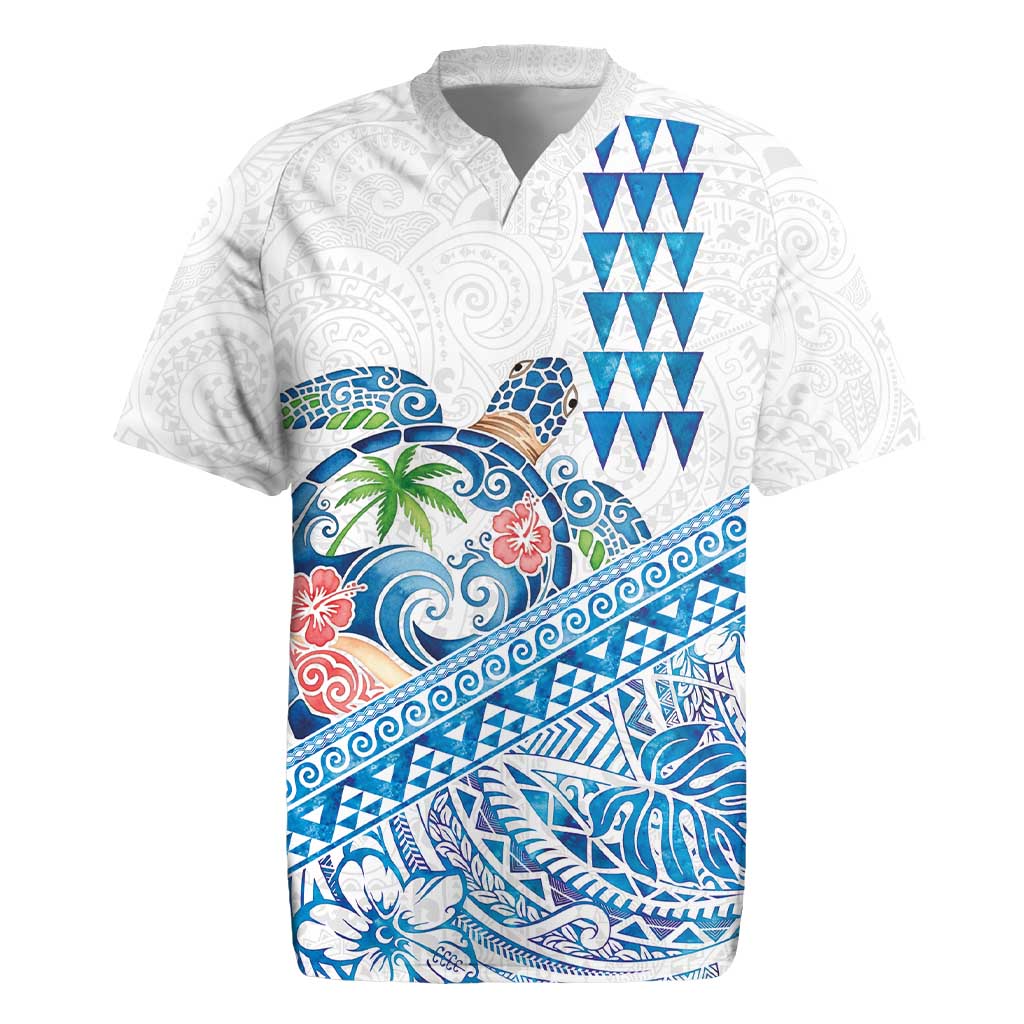 Hawaiian Abstract Sea Turtle Rugby Jersey Polynesian Tapa Art and Kakau Tattoo White WaterColor - Polynesian Pride