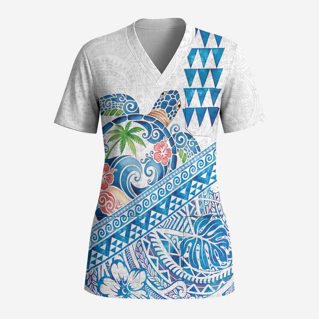 Hawaiian Abstract Sea Turtle Scrub Top Polynesian Tapa Art and Kakau Tattoo White WaterColor - Polynesian Pride
