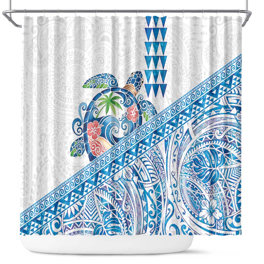 Hawaiian Abstract Sea Turtle Shower Curtain Polynesian Tapa Art and Kakau Tattoo White WaterColor - Polynesian Pride