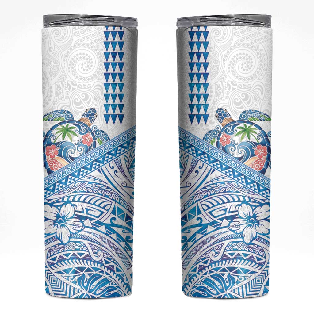 Hawaiian Abstract Sea Turtle Skinny Tumbler Polynesian Tapa Art and Kakau Tattoo White WaterColor - Polynesian Pride
