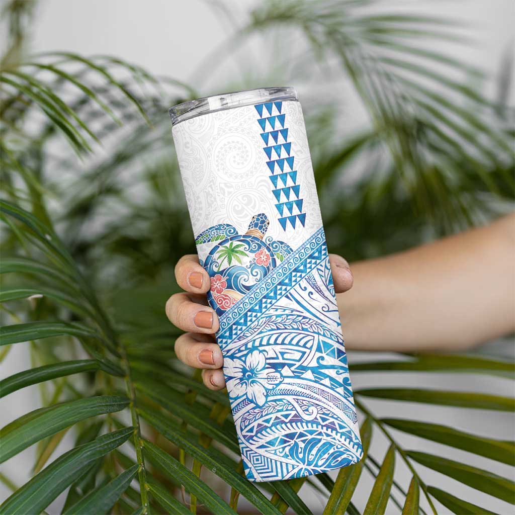 Hawaiian Abstract Sea Turtle Skinny Tumbler Polynesian Tapa Art and Kakau Tattoo White WaterColor - Polynesian Pride