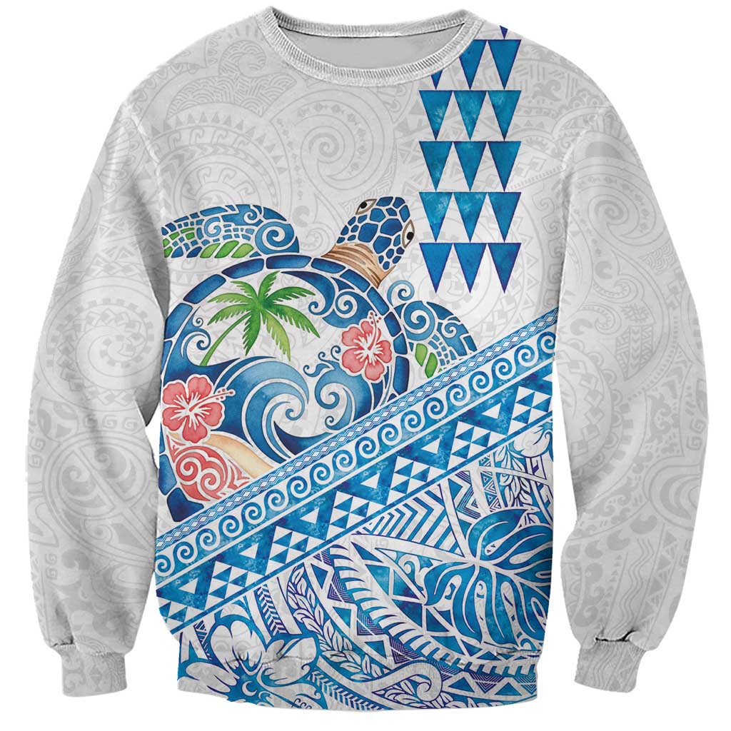 Hawaiian Abstract Sea Turtle Sweatshirt Polynesian Tapa Art and Kakau Tattoo White WaterColor - Polynesian Pride