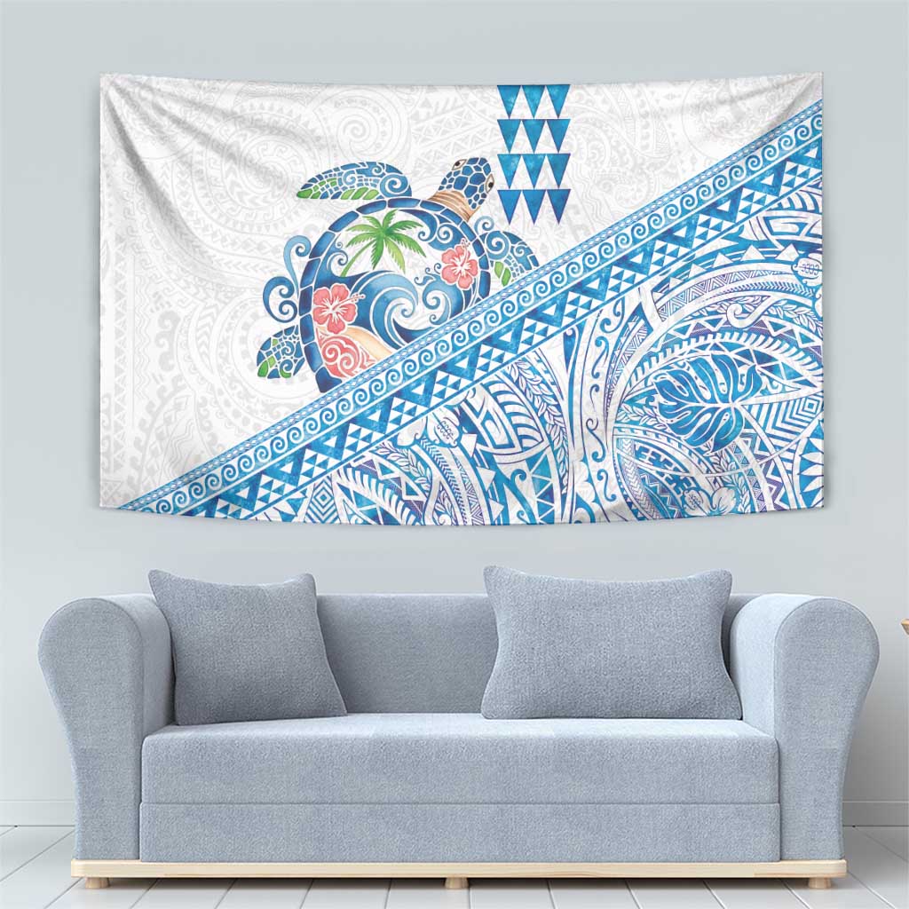 Hawaiian Abstract Sea Turtle Tapestry Polynesian Tapa Art and Kakau Tattoo White WaterColor - Polynesian Pride