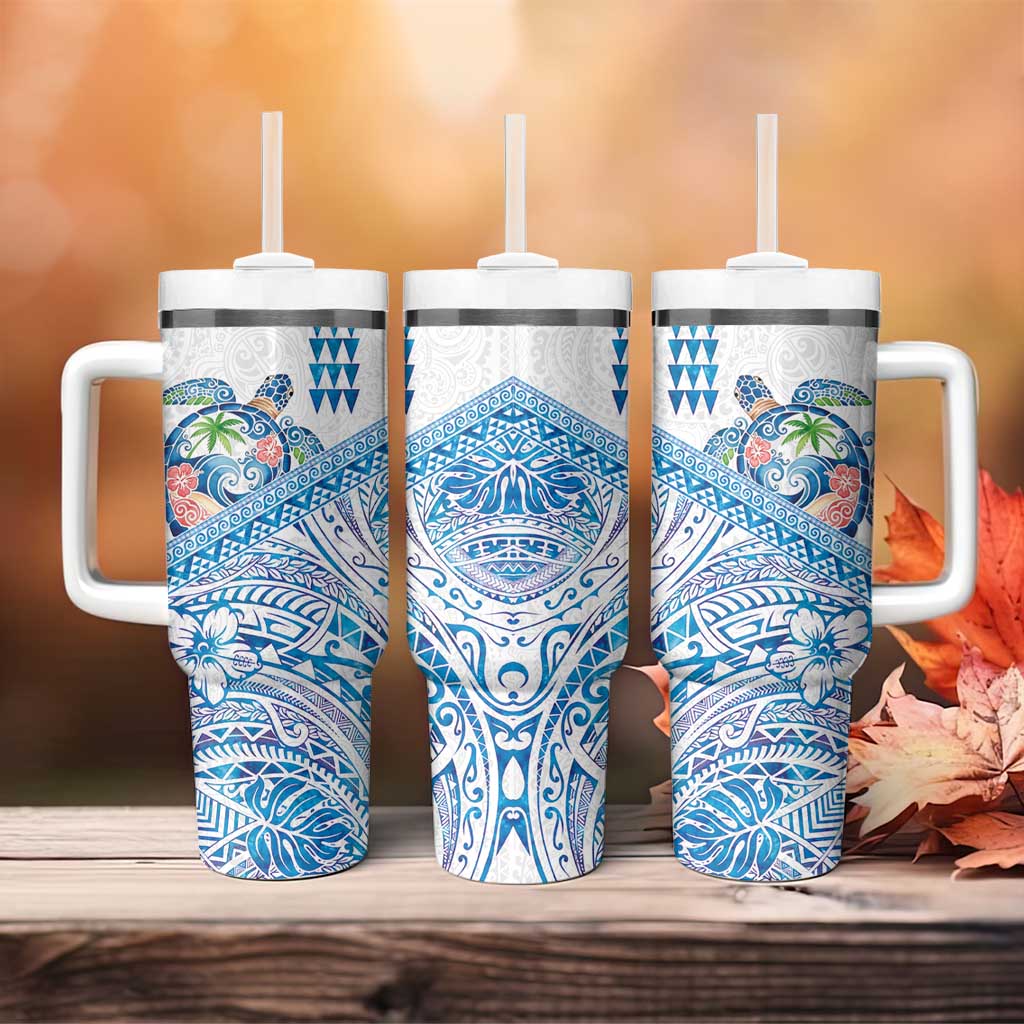 Hawaiian Abstract Sea Turtle Tumbler With Handle Polynesian Tapa Art and Kakau Tattoo White WaterColor - Polynesian Pride