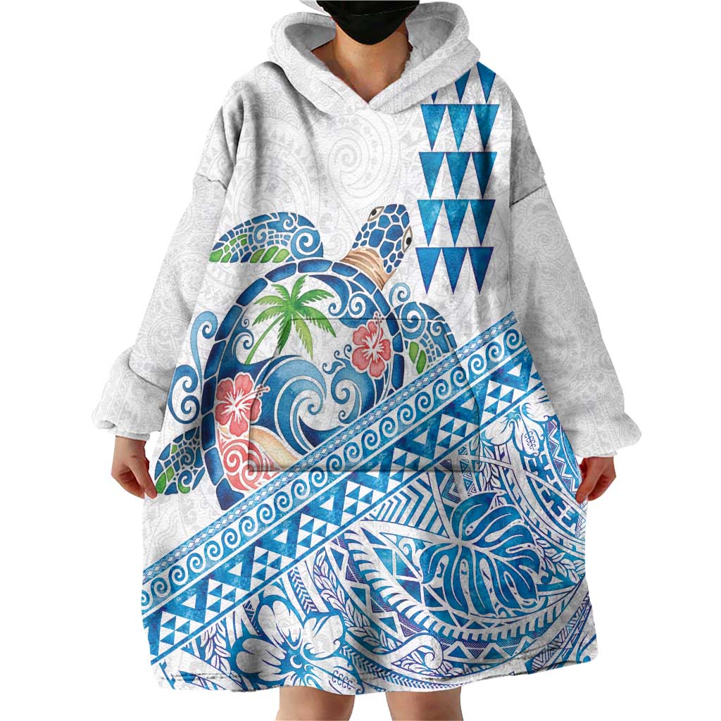 Hawaiian Abstract Sea Turtle Wearable Blanket Hoodie Polynesian Tapa Art and Kakau Tattoo White WaterColor - Polynesian Pride