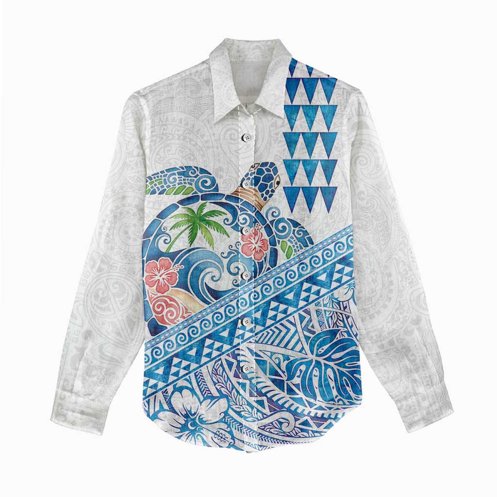 Hawaiian Abstract Sea Turtle Women Casual Shirt Polynesian Tapa Art and Kakau Tattoo White WaterColor - Polynesian Pride