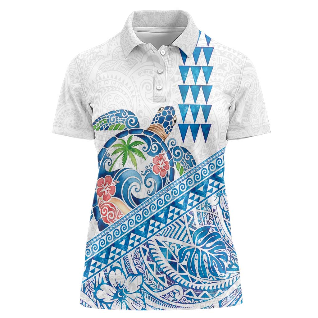 Hawaiian Abstract Sea Turtle Women Polo Shirt Polynesian Tapa Art and Kakau Tattoo White WaterColor - Polynesian Pride