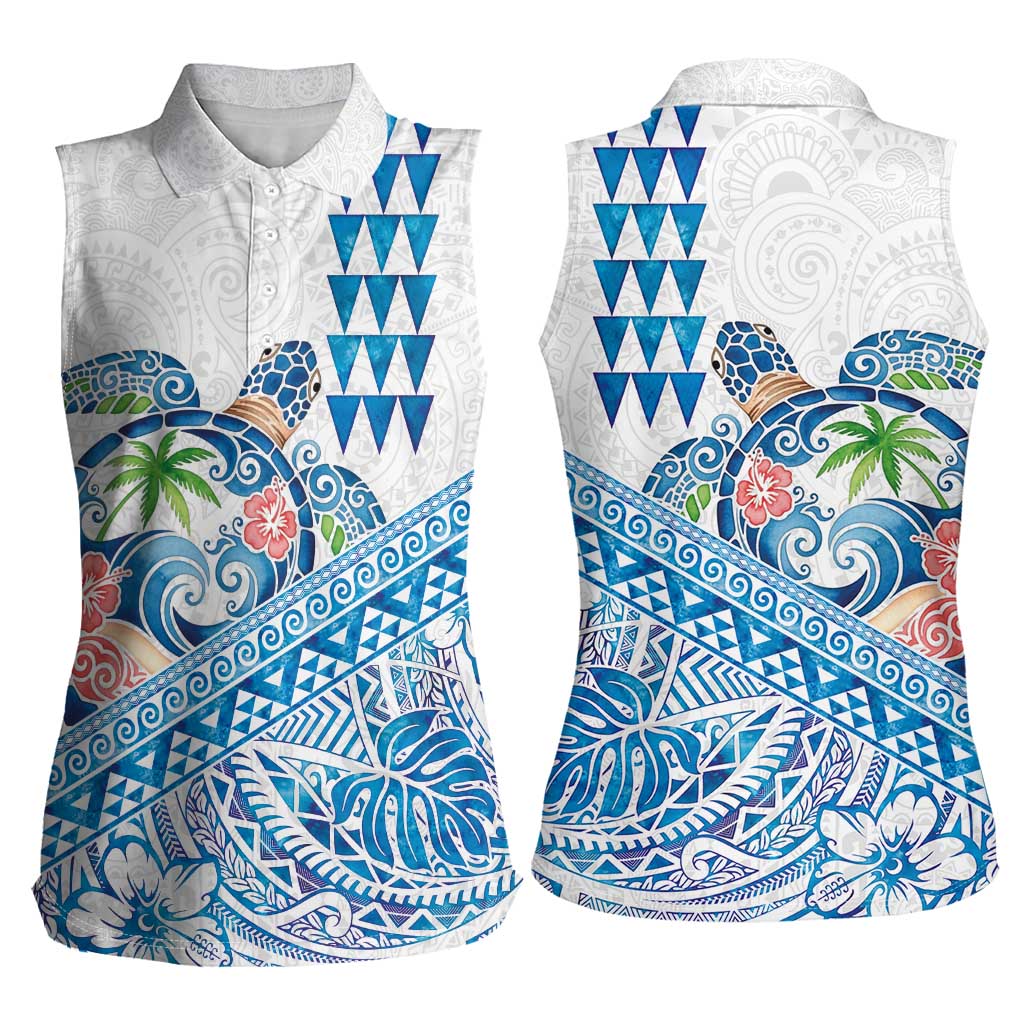 Hawaiian Abstract Sea Turtle Women Sleeveless Polo Shirt Polynesian Tapa Art and Kakau Tattoo White WaterColor - Polynesian Pride