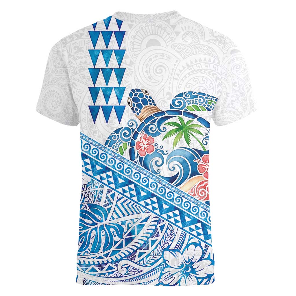 Hawaiian Abstract Sea Turtle Women V-Neck T-Shirt Polynesian Tapa Art and Kakau Tattoo White WaterColor - Polynesian Pride