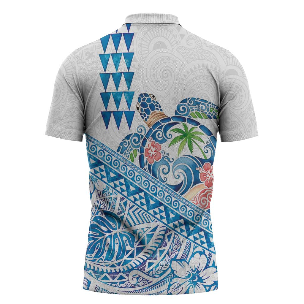 Hawaiian Abstract Sea Turtle Zipper Polo Shirt Polynesian Tapa Art and Kakau Tattoo White WaterColor - Polynesian Pride