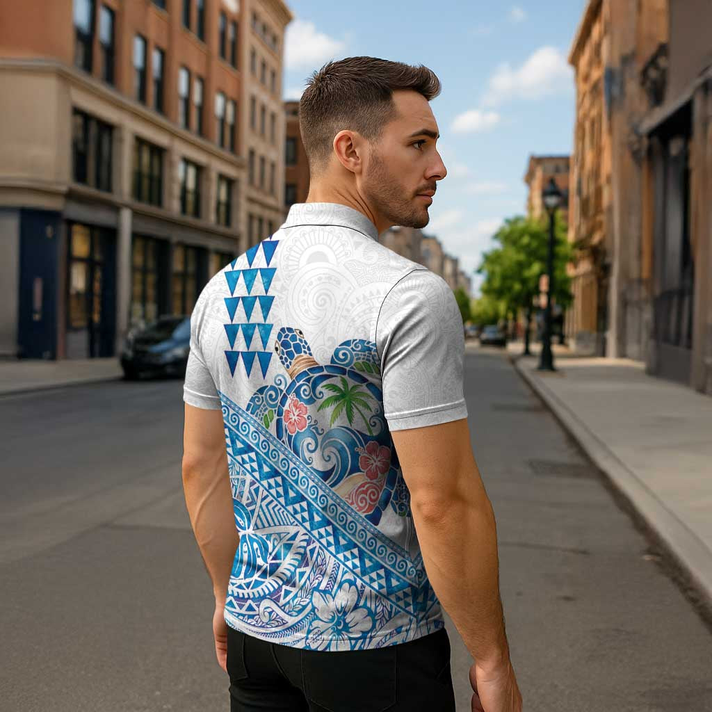 Hawaiian Abstract Sea Turtle Zipper Polo Shirt Polynesian Tapa Art and Kakau Tattoo White WaterColor - Polynesian Pride