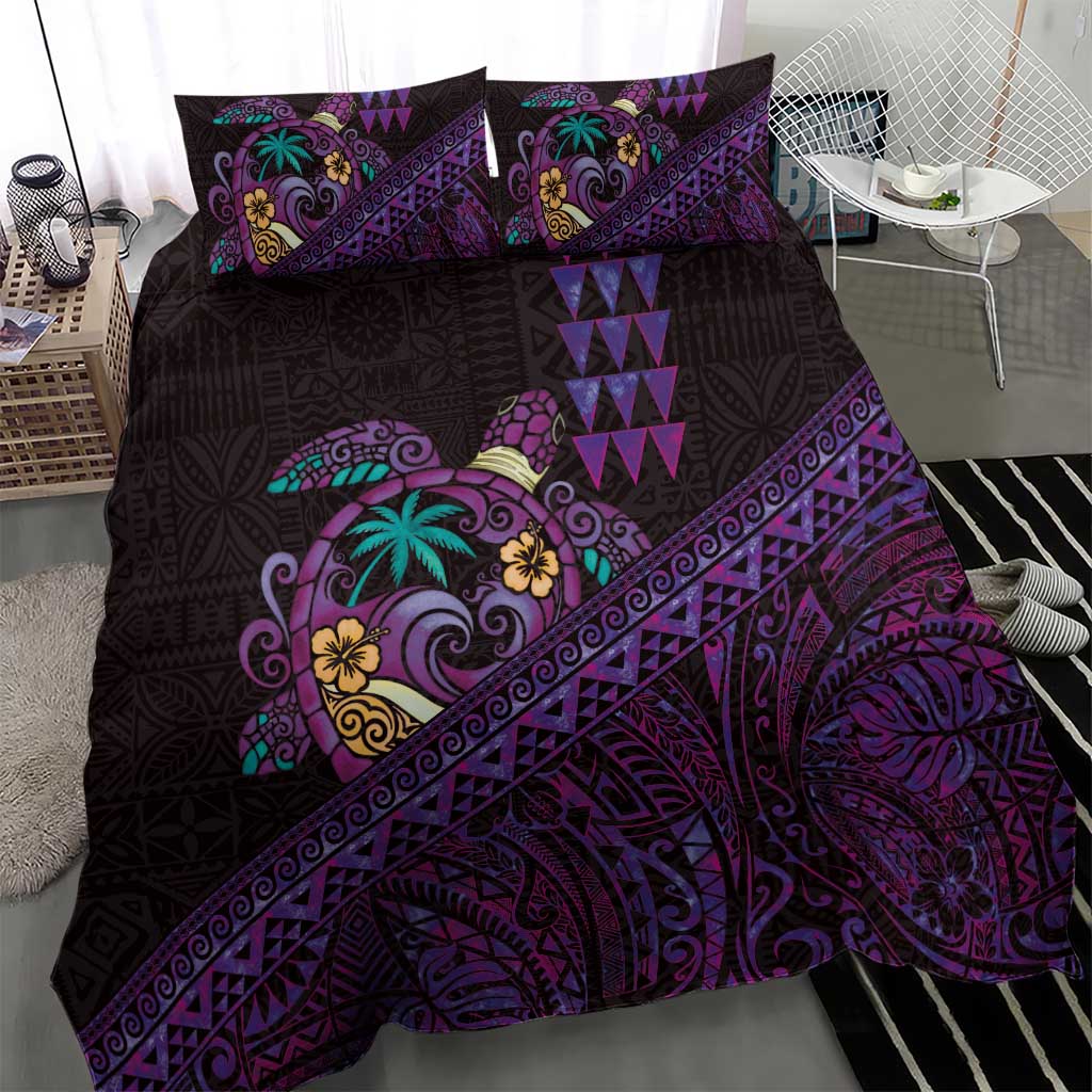 Hawaiian Abstract Sea Turtle Bedding Set Polynesian Tapa Art and Kakau Tattoo Purple WaterColor - Polynesian Pride