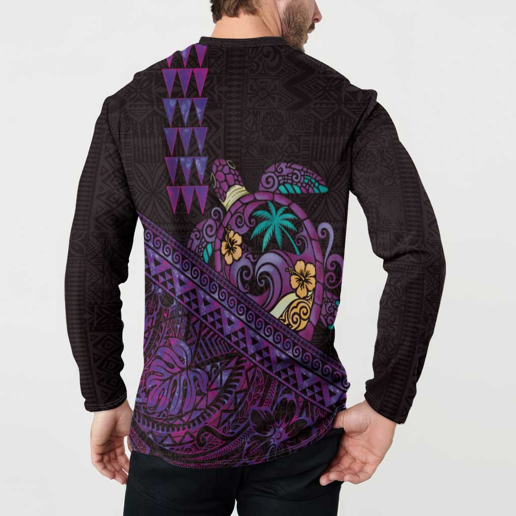 Hawaiian Abstract Sea Turtle Button Sweatshirt Polynesian Tapa Art and Kakau Tattoo Purple WaterColor - Polynesian Pride