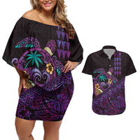 Hawaiian Abstract Sea Turtle Couples Matching Off Shoulder Short Dress and Hawaiian Shirt Polynesian Tapa Art and Kakau Tattoo Purple WaterColor - Polynesian Pride