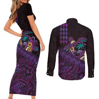 Hawaiian Abstract Sea Turtle Couples Matching Short Sleeve Bodycon Dress and Long Sleeve Button Shirt Polynesian Tapa Art and Kakau Tattoo Purple WaterColor - Polynesian Pride