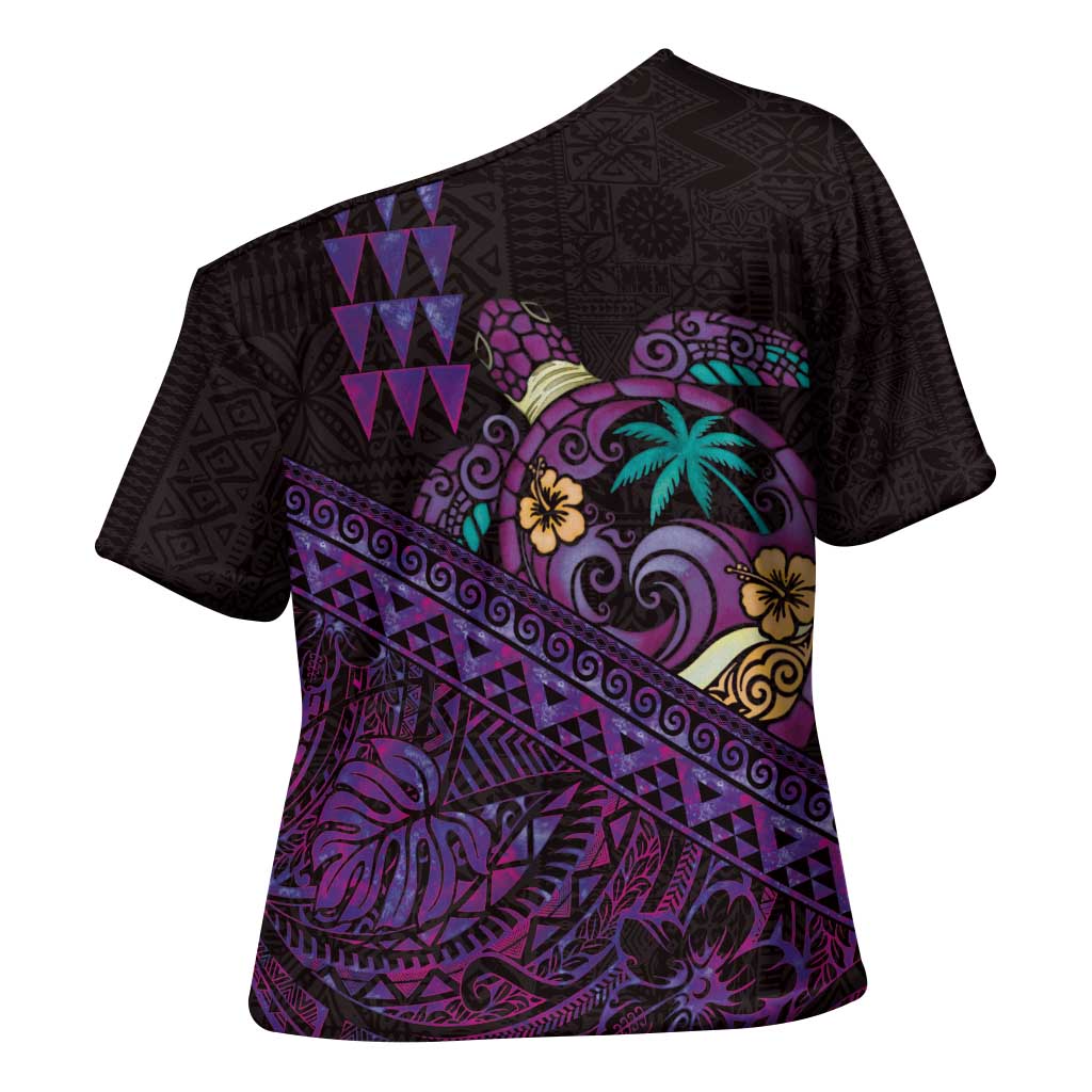 Hawaiian Abstract Sea Turtle Cross Shoulder Shirt Polynesian Tapa Art and Kakau Tattoo Purple WaterColor - Polynesian Pride