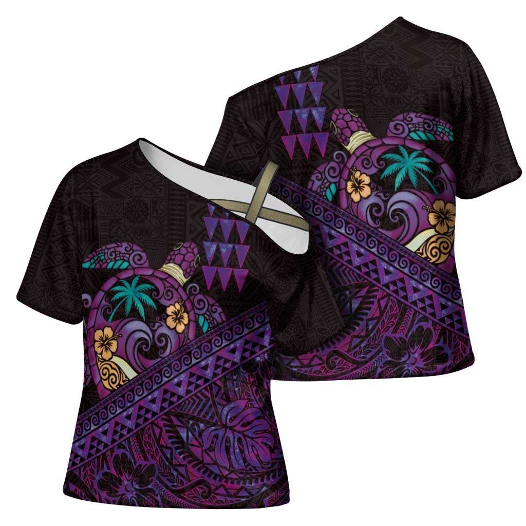 Hawaiian Abstract Sea Turtle Cross Shoulder Shirt Polynesian Tapa Art and Kakau Tattoo Purple WaterColor - Polynesian Pride
