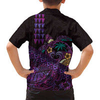 Hawaiian Abstract Sea Turtle Family Matching Long Sleeve Bodycon Dress and Hawaiian Shirt Polynesian Tapa Art and Kakau Tattoo Purple WaterColor - Polynesian Pride