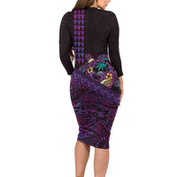 Hawaiian Abstract Sea Turtle Family Matching Long Sleeve Bodycon Dress and Hawaiian Shirt Polynesian Tapa Art and Kakau Tattoo Purple WaterColor - Polynesian Pride