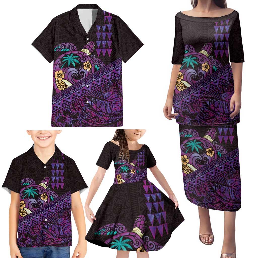 Hawaiian Abstract Sea Turtle Family Matching Puletasi and Hawaiian Shirt Polynesian Tapa Art and Kakau Tattoo Purple WaterColor - Polynesian Pride