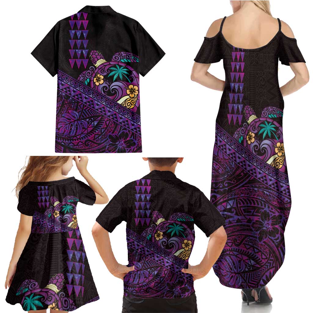 Hawaiian Abstract Sea Turtle Family Matching Summer Maxi Dress and Hawaiian Shirt Polynesian Tapa Art and Kakau Tattoo Purple WaterColor - Polynesian Pride