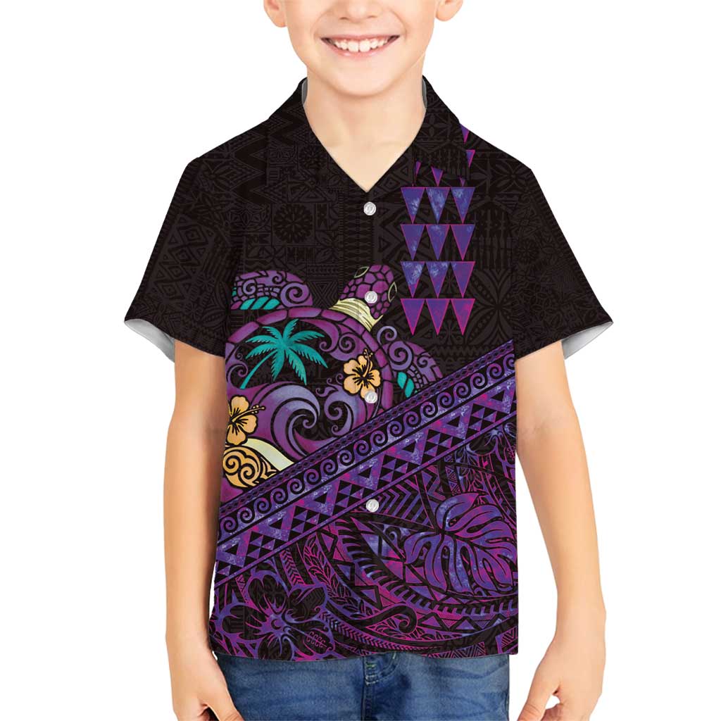 Hawaiian Abstract Sea Turtle Family Matching Summer Maxi Dress and Hawaiian Shirt Polynesian Tapa Art and Kakau Tattoo Purple WaterColor - Polynesian Pride