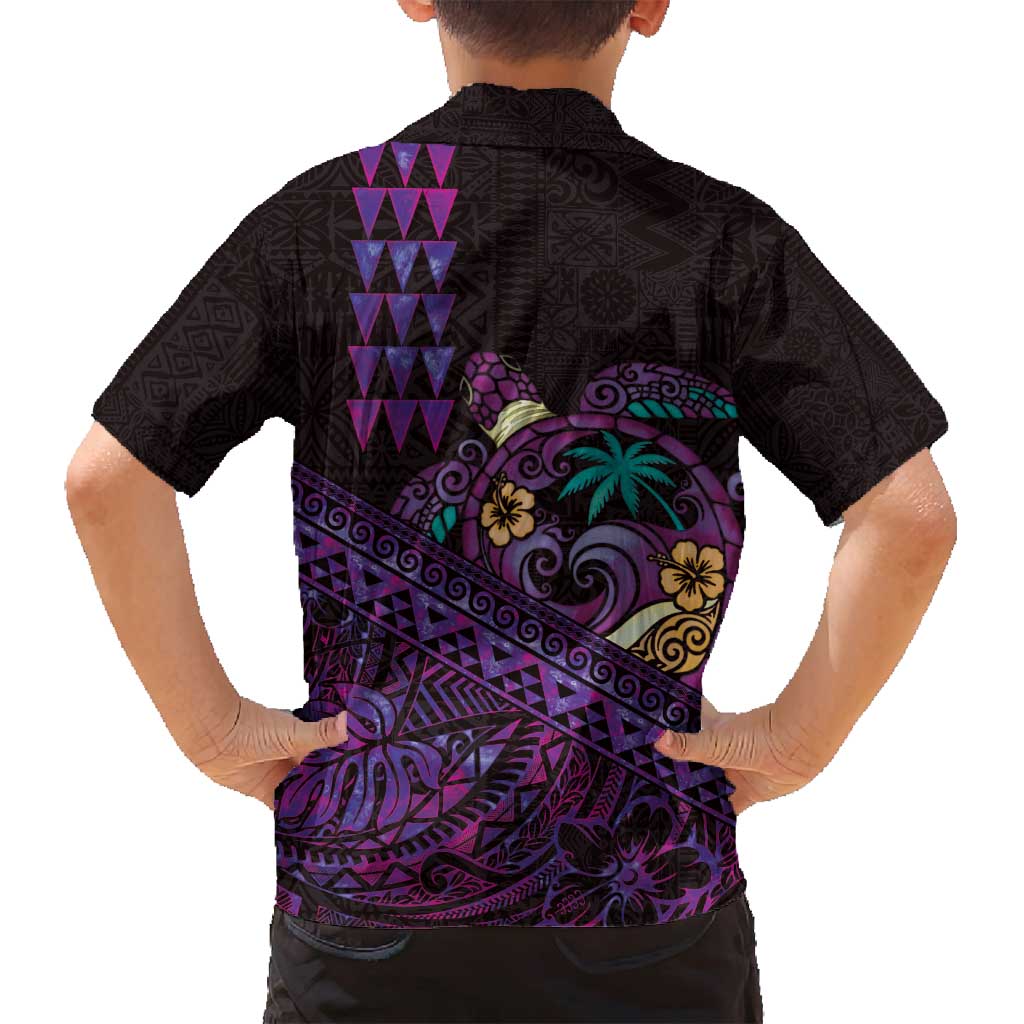 Hawaiian Abstract Sea Turtle Family Matching Tank Maxi Dress and Hawaiian Shirt Polynesian Tapa Art and Kakau Tattoo Purple WaterColor - Polynesian Pride
