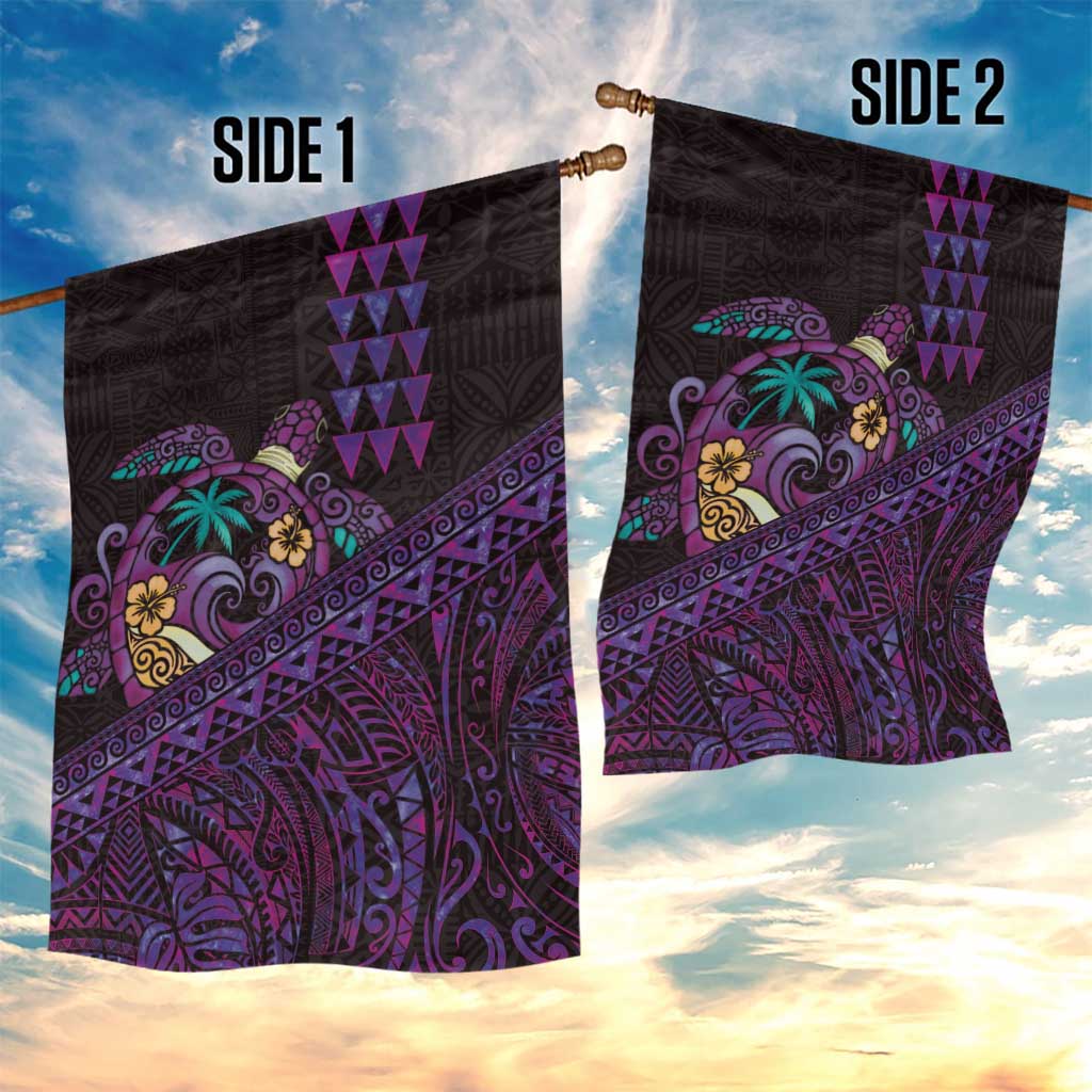 Hawaiian Abstract Sea Turtle Garden Flag Polynesian Tapa Art and Kakau Tattoo Purple WaterColor - Polynesian Pride