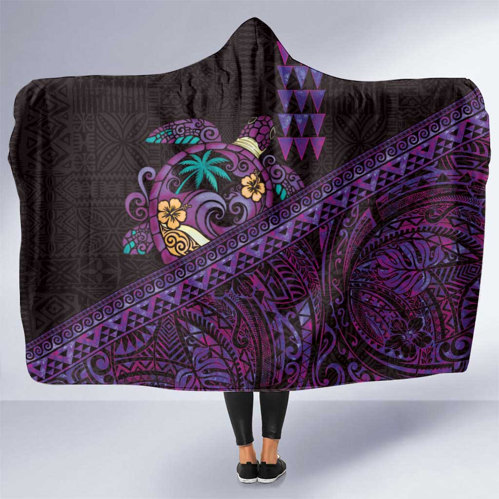 Hawaiian Abstract Sea Turtle Hooded Blanket Polynesian Tapa Art and Kakau Tattoo Purple WaterColor - Polynesian Pride