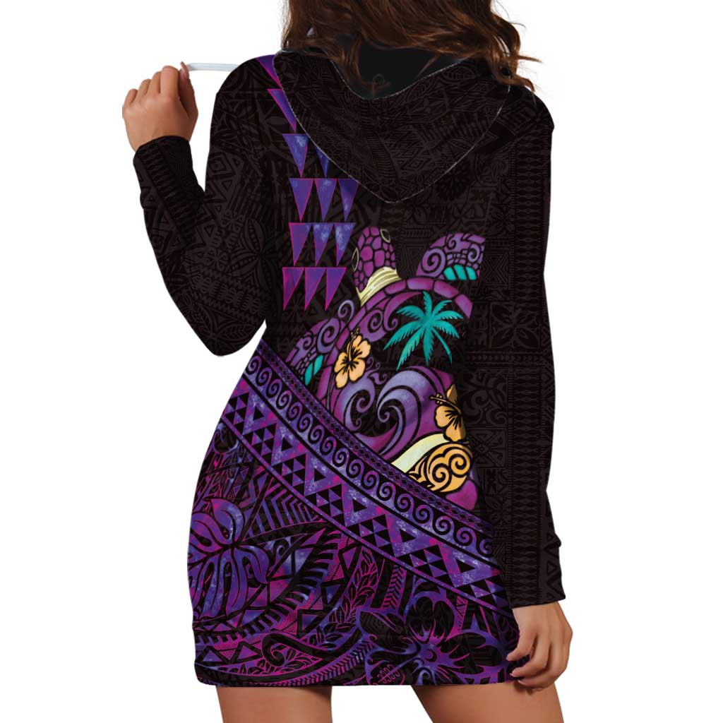Hawaiian Abstract Sea Turtle Hoodie Dress Polynesian Tapa Art and Kakau Tattoo Purple WaterColor - Polynesian Pride
