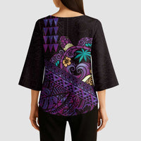 Hawaiian Abstract Sea Turtle Kimono Sleeve Blouse Polynesian Tapa Art and Kakau Tattoo Purple WaterColor - Polynesian Pride