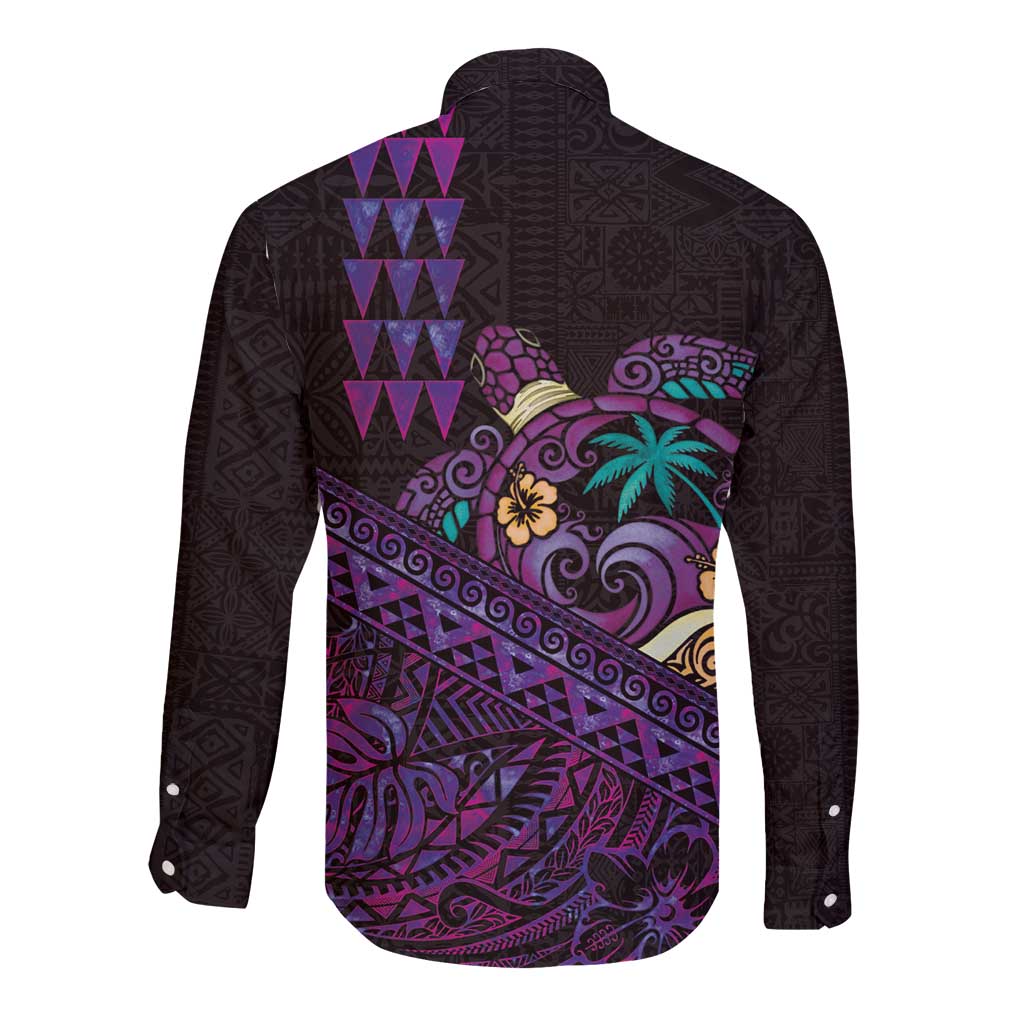 Hawaiian Abstract Sea Turtle Long Sleeve Button Shirt Polynesian Tapa Art and Kakau Tattoo Purple WaterColor - Polynesian Pride
