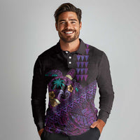 Hawaiian Abstract Sea Turtle Long Sleeve Polo Shirt Polynesian Tapa Art and Kakau Tattoo Purple WaterColor - Polynesian Pride