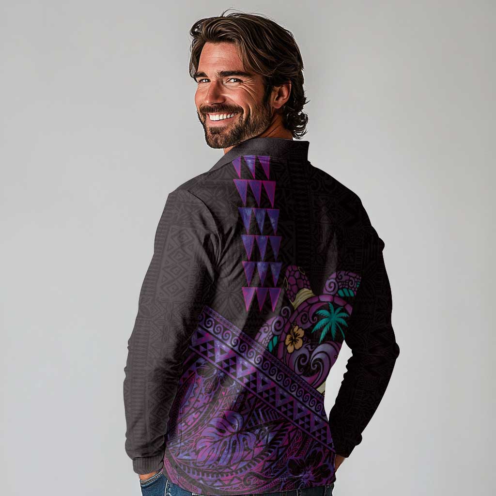 Hawaiian Abstract Sea Turtle Long Sleeve Polo Shirt Polynesian Tapa Art and Kakau Tattoo Purple WaterColor - Polynesian Pride