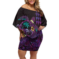 Hawaiian Abstract Sea Turtle Off Shoulder Short Dress Polynesian Tapa Art and Kakau Tattoo Purple WaterColor - Polynesian Pride