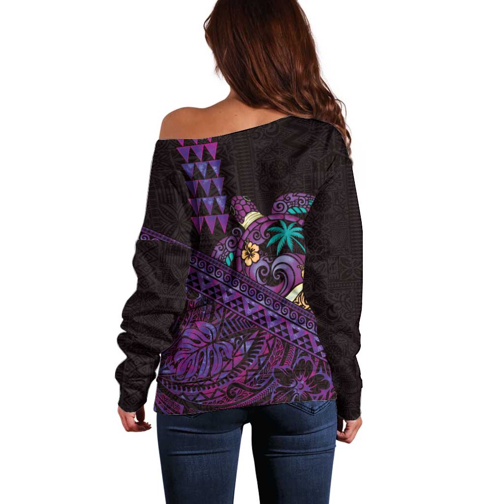 Hawaiian Abstract Sea Turtle Off Shoulder Sweater Polynesian Tapa Art and Kakau Tattoo Purple WaterColor - Polynesian Pride