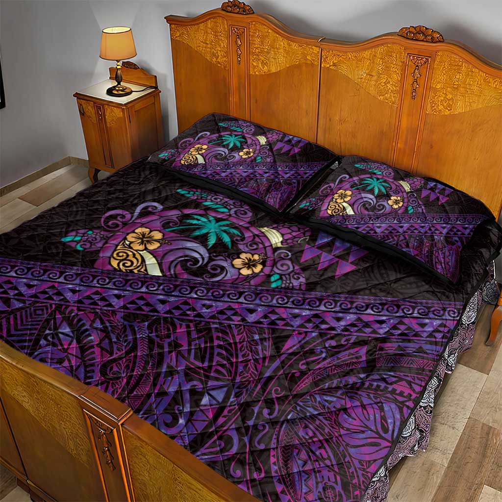Hawaiian Abstract Sea Turtle Quilt Bed Set Polynesian Tapa Art and Kakau Tattoo Purple WaterColor - Polynesian Pride