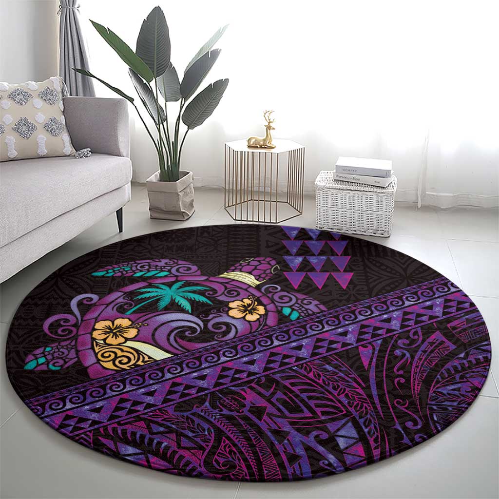 Hawaiian Abstract Sea Turtle Round Carpet Polynesian Tapa Art and Kakau Tattoo Purple WaterColor - Polynesian Pride