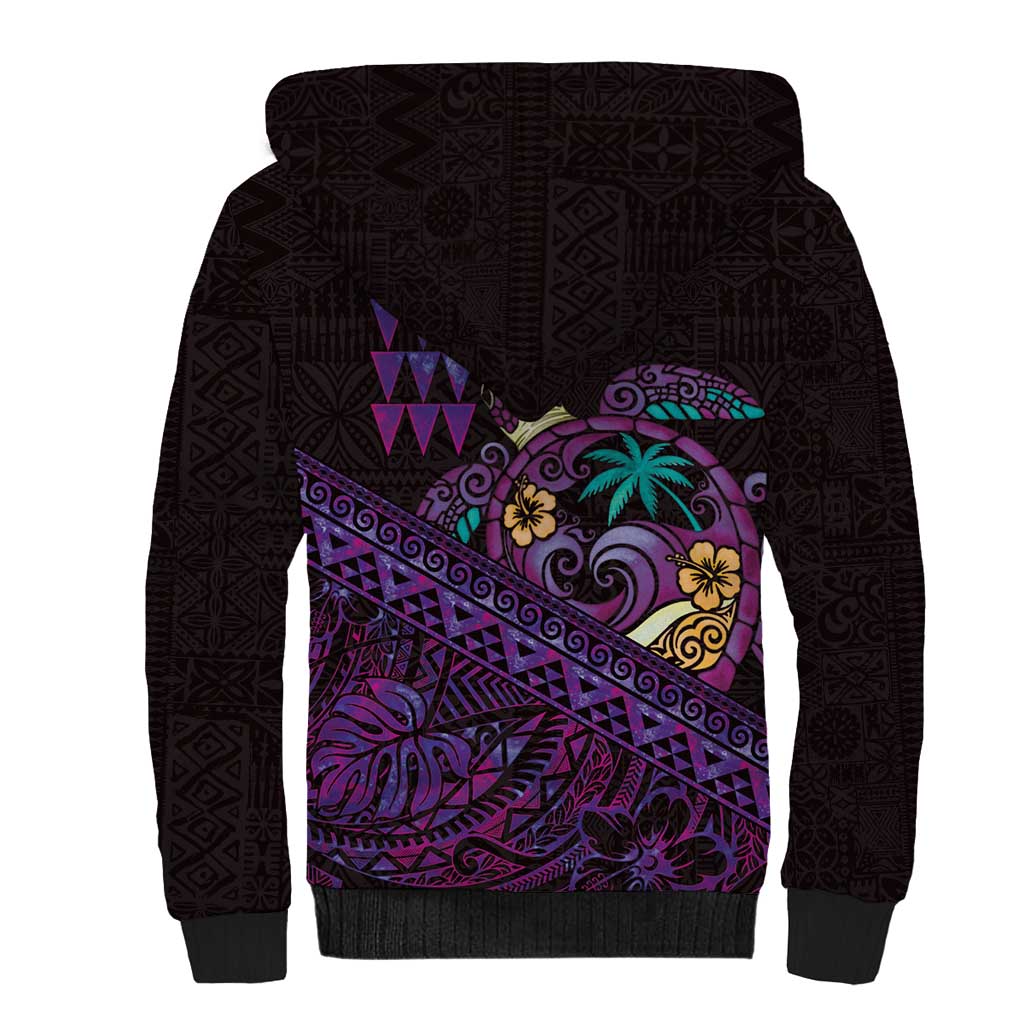 Hawaiian Abstract Sea Turtle Sherpa Hoodie Polynesian Tapa Art and Kakau Tattoo Purple WaterColor - Polynesian Pride
