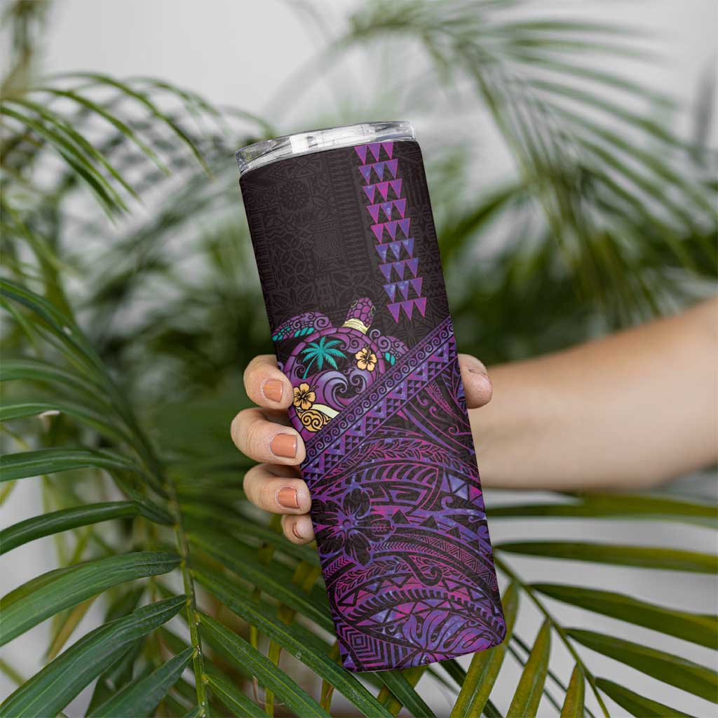 Hawaiian Abstract Sea Turtle Skinny Tumbler Polynesian Tapa Art and Kakau Tattoo Purple WaterColor - Polynesian Pride