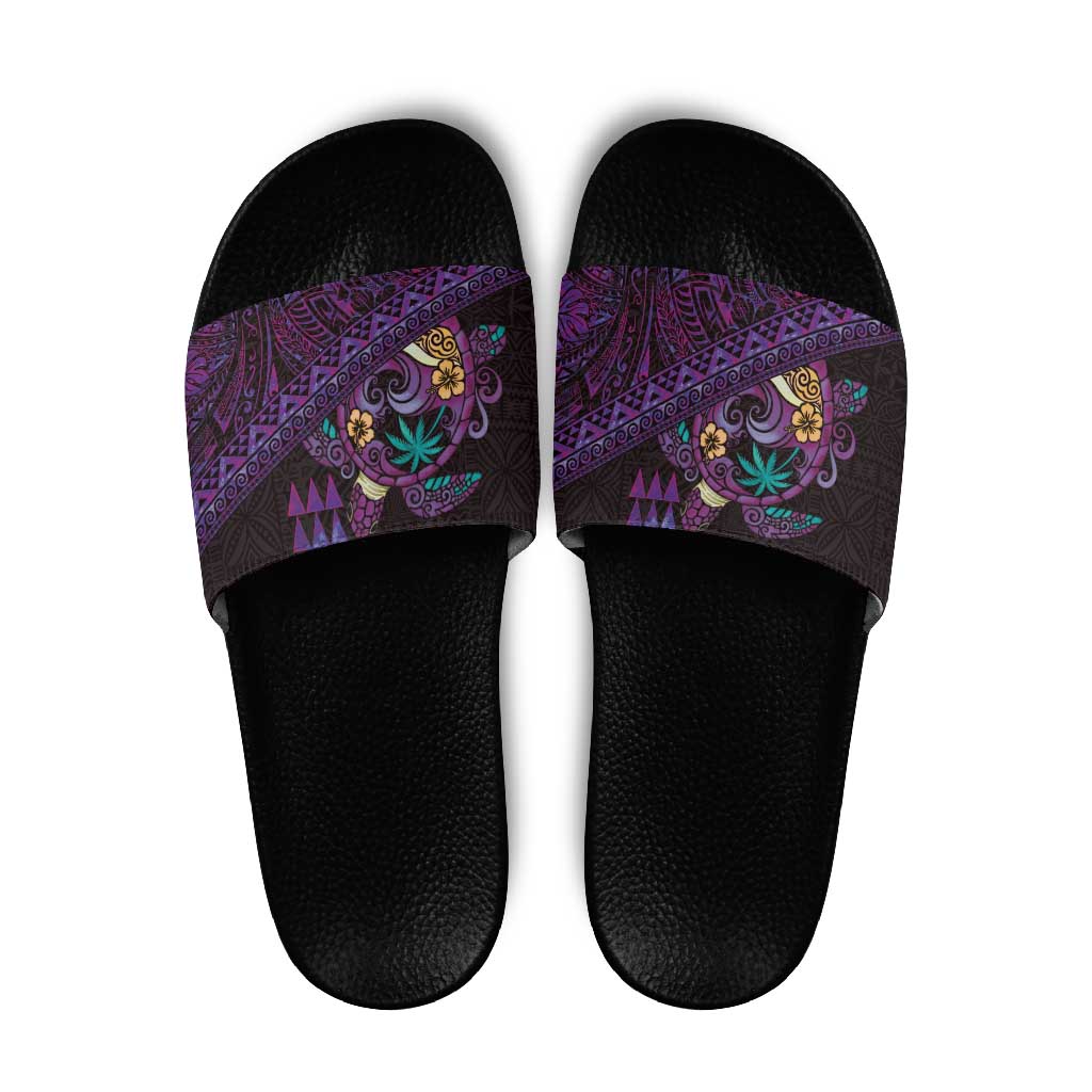 Hawaiian Abstract Sea Turtle Slide Sandals Polynesian Tapa Art and Kakau Tattoo Purple WaterColor - Polynesian Pride