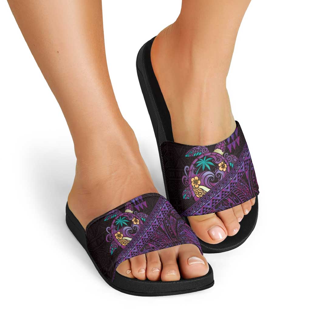 Hawaiian Abstract Sea Turtle Slide Sandals Polynesian Tapa Art and Kakau Tattoo Purple WaterColor - Polynesian Pride
