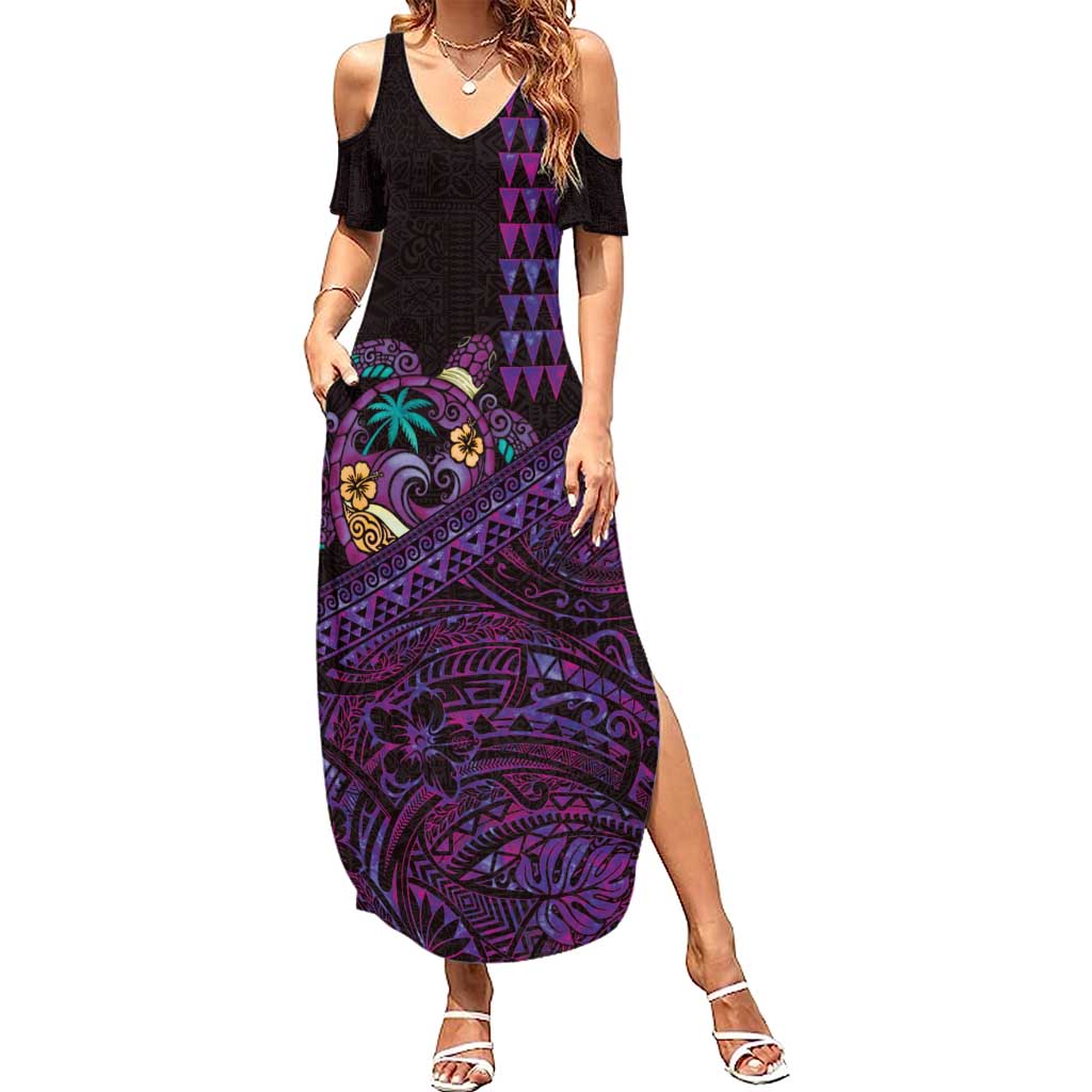 Hawaiian Abstract Sea Turtle Summer Maxi Dress Polynesian Tapa Art and Kakau Tattoo Purple WaterColor - Polynesian Pride