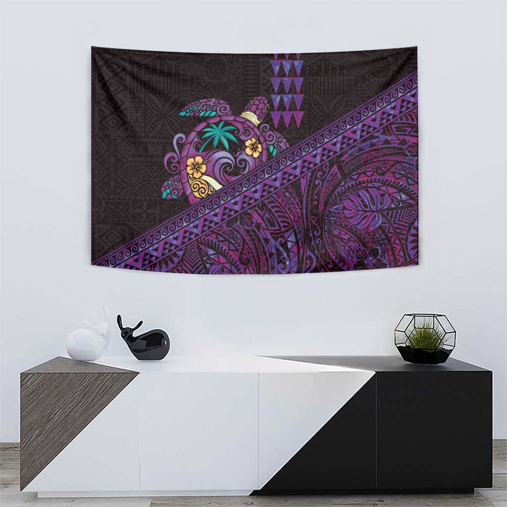Hawaiian Abstract Sea Turtle Tapestry Polynesian Tapa Art and Kakau Tattoo Purple WaterColor - Polynesian Pride