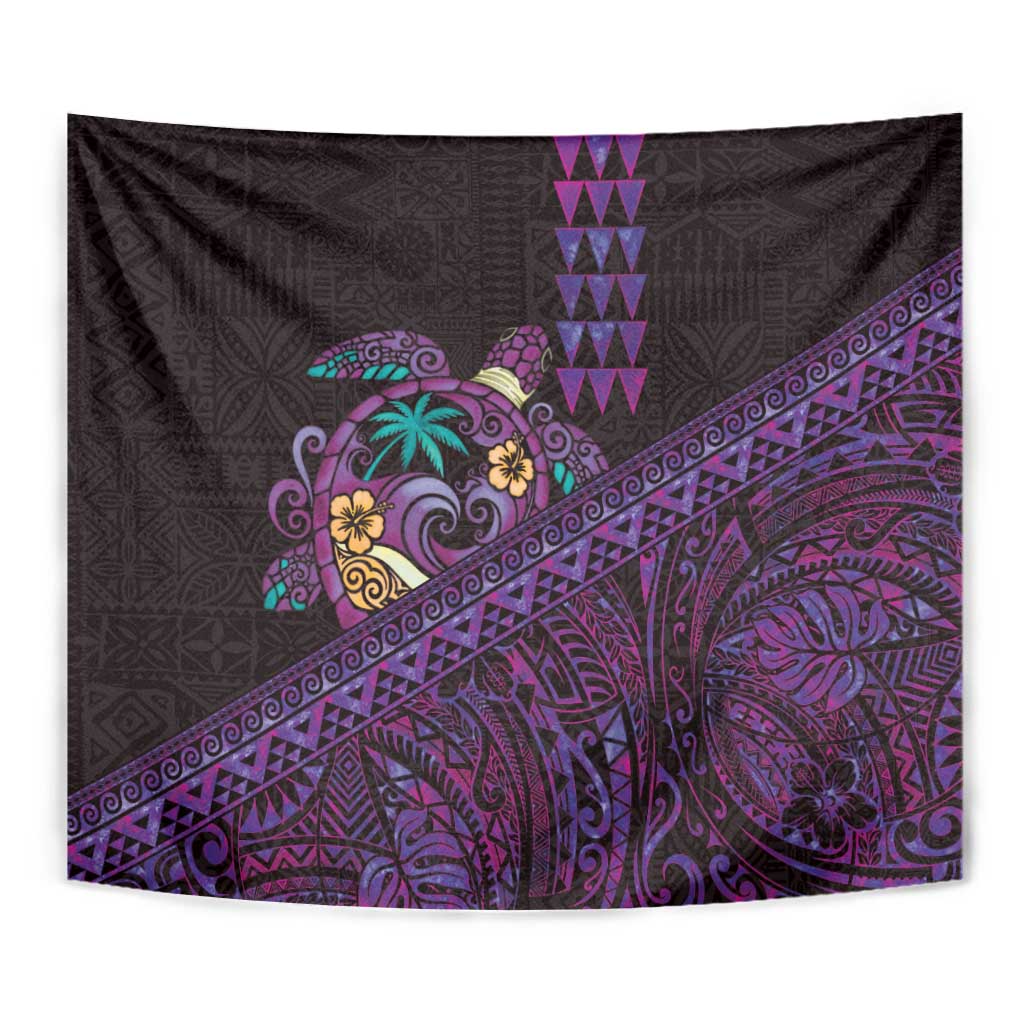 Hawaiian Abstract Sea Turtle Tapestry Polynesian Tapa Art and Kakau Tattoo Purple WaterColor - Polynesian Pride
