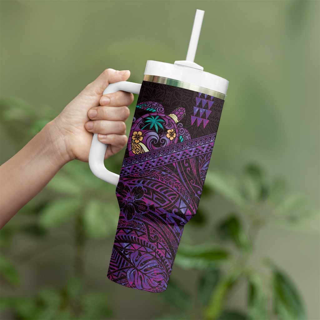 Hawaiian Abstract Sea Turtle Tumbler With Handle Polynesian Tapa Art and Kakau Tattoo Purple WaterColor - Polynesian Pride